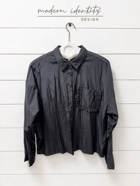 MODERN IDENTITY Black Satin Ruffle Pocket Button Front Shirt Size XL